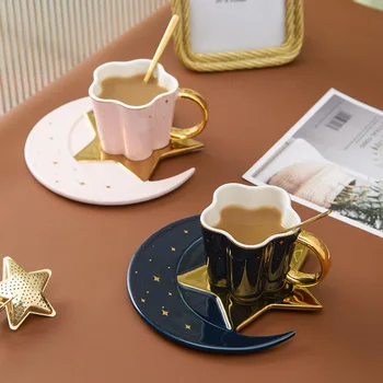 120ml כוכב בצורת ירח כוס קפה צלחת נורדי קרמיקה כוס קפה יצירתי זהב ביד ספל אופנה אישית כוס קפה ותחתית