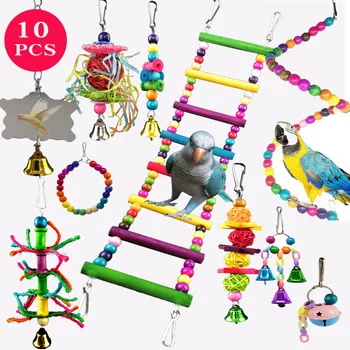12Pcs ציפור בכלוב צעצועים לתוכים עץ ציפורים סווינג אמין לעיסה ביס גשר עץ חרוזים צורת תוכי צעצוע ציפור צעצועים