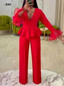 2022 נשים סקסי אדום סרבלים הזיקוקים שרוול ארוך טול תפירה רחב הרגל מכנסיים אלגנטיים Rompers מסיבת יום הולדת במשרד תלבושות
