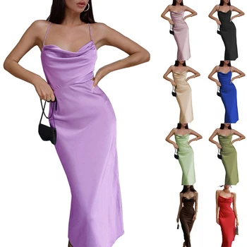 2023 הקיץ החדש של הנשים מוצק צבע החצאית הארוכה סקסי ערימת צווארון סטרפלס שמלת מסיבת שמלת ריקוד