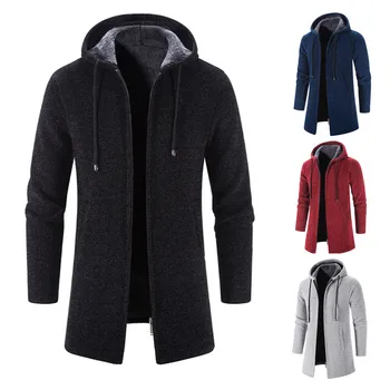 2023 חדש לגברים סוודר בתוספת קטיפה חם סוודר גדול 4xl מעיל רוח אמצע אורך מעיל עם ברדס בצבע מלא