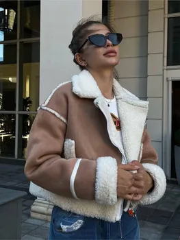 2023 חורף נשים חם עבה מעיל קצר אופנה דש שרוול ארוך טלאים ' קט אלגנטי הגברת רחוב עם כיס להאריך ימים יותר