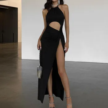 2023 סתיו סקסי חלול החוצה חרך מחוך אופנה שמלה שחורה ללא משענת סלים חג ארוך Dreses ערב אלגנטיות צד החלוק
