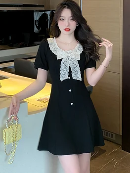 2023 שחור טלאי על טלאי תחרה, קשת צווארון שמלת מיני קיץ, שרוול קצר מקרית הביתה שמלה נשים קוריאני משובח הפבורן צד שמלות