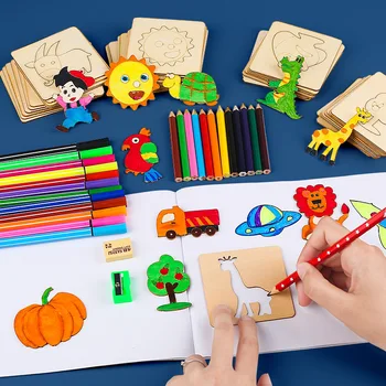 32Pcs מונטסורי ילדים ציור צעצועי DIY ציור שבלונות תבנית עץ מלאכה צעצועים פאזל צעצועים חינוכיים לילדים מתנה