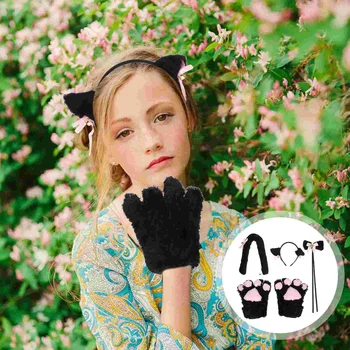 5 יח ' יצירתי חתול תחפושות קוספליי חתלתול זנב ואוזניים צווארון כפות הידיים כפפות אנימה לוליטה גותית להגדיר עבור המפלגה Cosplay (שחור)