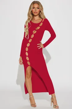 CINESSD 2023 חדש צוואר עגול שרוול ארוך חוט גבוהה המותניים רזה בכושר שסף היפ-עטופה שמלה ארוכה סקסית קרע הולו-out השמלה