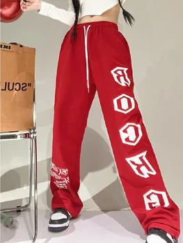 Deeptown Y2K אופנת רחוב אדום מכנסי טרנינג אישה קוריאנית אופנה רחב הרגל ספורט מכנסיים גדולים Kpop מכתב רצים להדפיס את המכנסיים.