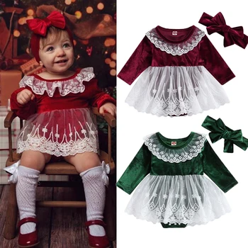 FOCUSNORM 0-24M תינוקות תינוקת קטיפה Rompers שמלת חג המולד תחרה טלאים שרוול ארוך סרבלים עם סרט