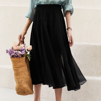 Gaovot נשים אלגנטי שחור שיפון חצאית קיץ מזדמן אלסטיים מותן קפלים קו החצאית הארוכה משרד ליידי זורם חצאית