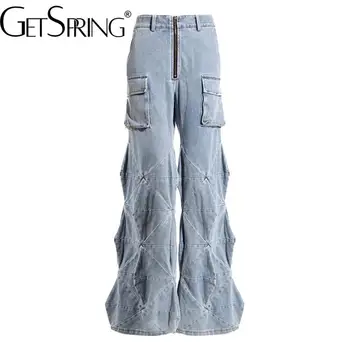 GetSpring נשים ג 'ינס 2023 סתיו רוכסן רחב הרגל מכנסי ג' ינס אופנתי חופשי מזדמן רב כחול ג ' ינס מכנסיים הגעה חדשה