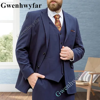 Gwenhwyfar כחול כהה חדש בסגנון בריטי גברים חליפה 3 יח ' חריץ צווארון החתונה החתן זכר בלייזר Slim Fit באיכות גבוהה קוקטייל שאיפה