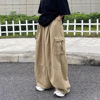 Harajuku אופנת רחוב היפ הופ חאקי מכנסיים צבאיים נשים Oversize כיסים Bf אופנה יפנית שחור רחב הרגל מכנסיים