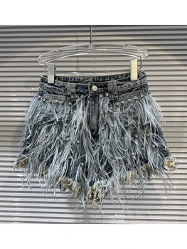 HIGH STREET החדש 2023 מעצב מסלול אופנה נשים'sWater יהלום משובץ חרוזים נוצות ציצית מכנסי ג ' ינס קצרים