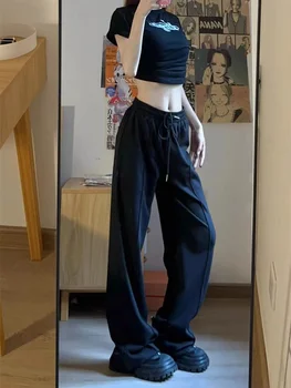 HOUZHOU Kpop מזדמנים שחור מכנסי ריצה נשים היפי אופנה קוריאנית Oversize מכנסי Harajuku בסיסי רחב הרגל מכנסיים