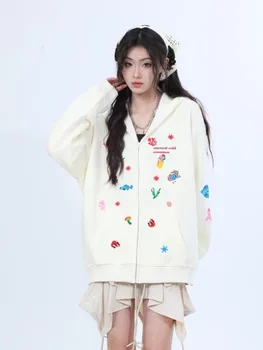 HOUZHOU אופנה יפנית Kawaii תסגור קפוצ 'ונים לנשים Harajuku Y2k וינטג' אופנת רחוב רקמה מנופחים ' ונים 2023