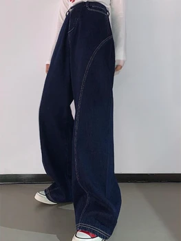 HOUZHOU היפי Harajuku Oversize רחב הרגל ג 'ינס נשים Y2K קוריאנית רחבים מכנסי ג' ינס הנשי קו קישוט ג ' ין חופשי מכנסיים