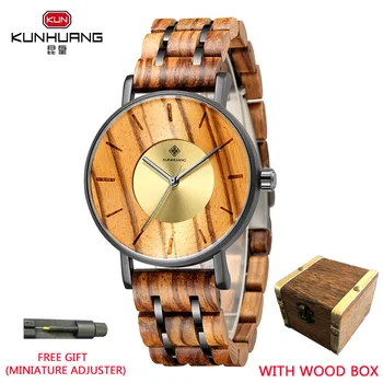 KUNHUANG העליון יוקרה של גברים שעון ספורט עץ קוורץ שעון יוקרה טבעי אלגום עץ עיצוב קלאסי השעון רלו דה גבר
