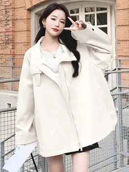 LANMREM קוריאני סגנון מוצק צבע קצרה מעיל רוח לנשים דש רוכסן רופף מעיל אופנה 2023 סתיו חדש של בגדים 2AA2587