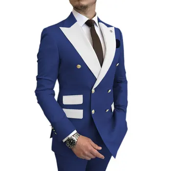 Lansboter כחול חדש לגברים חליפה סלים כפול עם חזה לבן דש אופנה החתן השושבין בחתונה של טוקסידו להגדיר בלייזר, מכנסיים