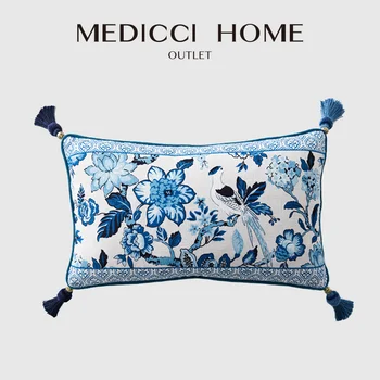 Medicci הביתה Chinoiserie בסגנון רטרו כרית כיסוי כחול ולבן פורצלן פרחוני ציפורים הדפסה המותני מקרה כרית שיק הביתה דקו