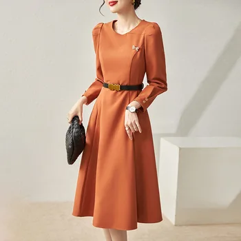 P00155# EAEOVNI הסתיו של הנשים שמלה ארוכה עם שרוולים העיר יוממות עם חגורה באיכות גבוהה רוכסן החצאית