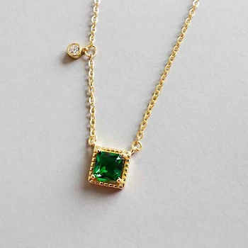 Ruifan ירוק מרובע דמוי יהלום תליון זהב, צבע כסף סטרלינג 925 שרשראות לנשים תכשיטים יפים אביזרים YNC085