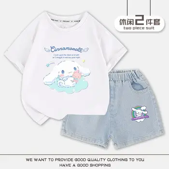 Sanrio אנימה Kawaii Cinnamoroll בגדי ילדות להגדיר שרוול קצר חולצות, מכנסי ג ' ינס קצרים קריקטורה חמודה ילדים חצי שרוול העליון מתנה