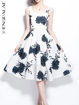 SHENGPALAE מודפס פיג ' מה שמלה לנשים האופנה צווארון ללא שרוולים אמצע המותן קו Vestido הקיץ 2023 חדש 5R3989