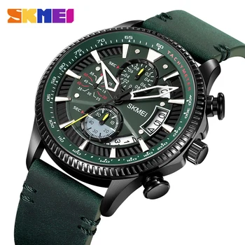 SKMEI קוורץ שעונים האופנה גברים של שעון עם תאריך, שעון עצר, רצועת עור יוקרה ספורט שעונים מקורי מותג העליון הצמיד