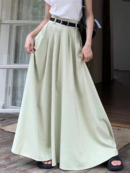 SURMIITRO גדול שולי חצאית מקסי לנשים 2023 קוריאנית אלגנטי ברחוב קו החגורה גבוה מותן קפלים החצאית הארוכה הנשי ליידי