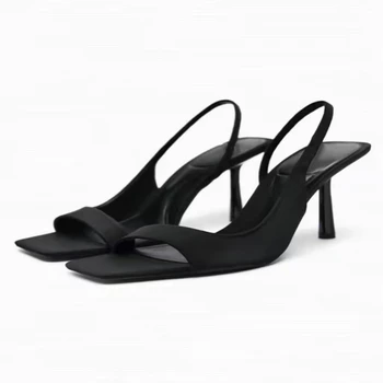 TRAF שחור גבוה העקב סנדלי נשים קיץ בריבוע הבוהן עקבים סנדל נשי אלגנטי מסיבת עקבים מזדמנים נעלי 