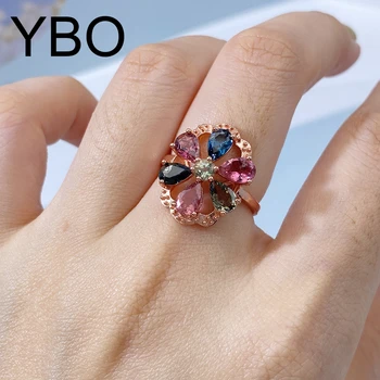 YBO אופנה גיאומטריות פרח מתכוונן טבעות צבעים טבעיים אבן חן טורמלין בסדר תכשיטי נשים אירוסין טבעת נישואין מתנה