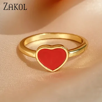 ZAKOL פשוטה הלב טיפה שמן טבעות לנשים אופנה מעולה צבע זהב טבעת מתכת Weding מסיבת תכשיטים ואביזרים