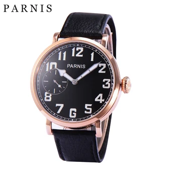 אופנה Parnis 46mm עלה זהב מקרה מכני יד של איש הרוח שעונים רצועת עור עמיד למים שעון לגברים רלו גבר השעון