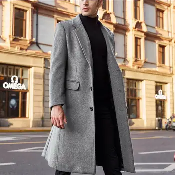 אופנה גברים מוצק צבע שרוול ארוך חד-שד ' קט הגברי רחוב בסגנון שנות ה-אורך המעיל האפור של אדם צמר, מעיל עליון