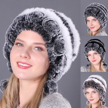 אופנה חדשה לנשים יוקרה פום פום הכדור לסרוג טבעי אמיתי רקס פרווה ארנב כובע כובע כיסוי חורף חמים skullies קאפ