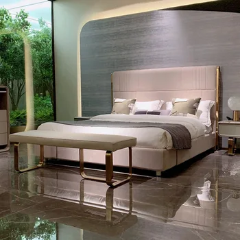איטלקי מינימליסטי מיטה זוגית מודרנית אור יוקרה נירוסטה חלבית עור המיטה