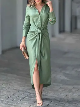 אלגנטי מוצק של נשים שרוול ארוך שמלה 2023 הקיץ דש צוואר V תחרה גלימות אסתטי סקסית גבוהה פיצול נשי שמלות Midi