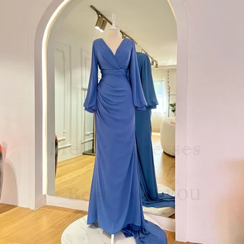 אלגנטית סטרפלס שמלות ערב לנשים מלאות שרוול שיפון שמלות לנשף קפלים נדן התמונה האמיתית Vestido De Noche 2023