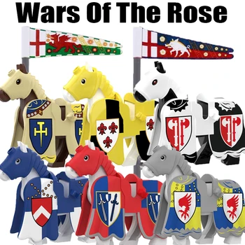 אנגליה מימי הביניים סוס מלחמה אבני הבניין טירה צבאית מלחמות אזרחים הוורד חייל דמויות דגלים תותח נשק לבנים צעצועים