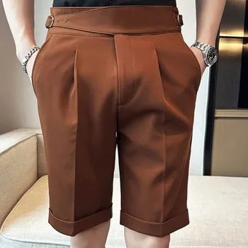 גברים בריטיים הקיץ פריז המותניים ישר מכנסיים איטלקי גבוהה המותניים רזה מוצק חליפת מכנסיים קצרים Mannen Kleding 2023 עסקים Korte Homme
