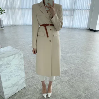 דרום קוריאה סתיו שיק צרפתי אלגנטי דש שני אבזם עיצוב חופשי המזלג מעל הברך החליפה מעיל מעיל נשים