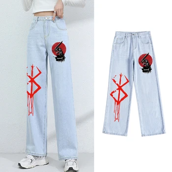 היפ הופ אופנת רחוב ישר-ג 'ינס רגל Harajuku אנימה להשתולל הדפסה רחב הרגל המכנסיים בקיץ דק מזדמנים ג' ינס מכנסיים Y2K בגדים