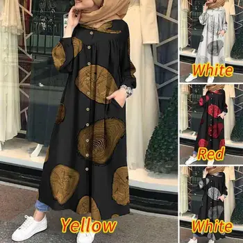 המוסלמים החלוק Jilbab Abaya הדפס פרחוני, שמלה משוחררת שרוול ארוך מקסי שמלה בגדי נשים טורקית כפיות ללא חיג ' אב