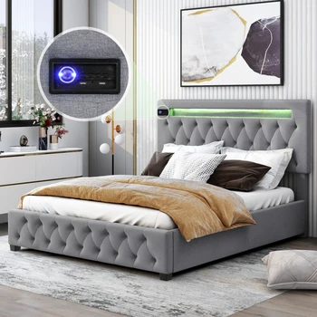 המלכה גודל אחסון מרופד פלטפורמה המיטה,ראש המיטה מתכוונן בהשתתפות עם Bluetooth אודיו, LED אור ו-USB לטעינה,אפור