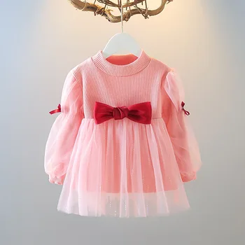 הנסיכה בייבי בנות שמלת שרוול ארוך קשת שמלות בנות 1 מסיבת יום הולדת שמלות התינוק בגדים לתינוק בגדי ילדים