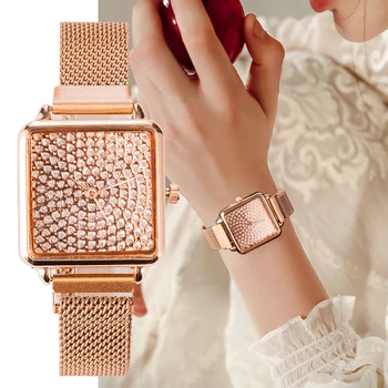 חדש שעון יד לנשים האופנה ריינסטון חיוג יצירתיים שעונים ליידי כיכר צמיד מזדמן שעון יד מתנות Horloge נשים