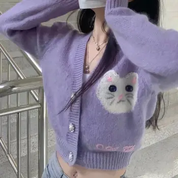 חתול רקמה V-צוואר לסרוג אפודות נשים סגול קטן ניחוח סוודר סתיו, חורף סגנון קוריאני שיק מתוק Y2K סריגים