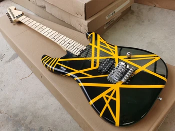מפעל שחור 6 מיתרים גיטרה חשמלית עם רצועות צהוב סגנון גוף מייפל Fretboard Chrome Hardwares להתאמה אישית